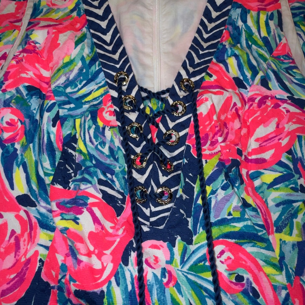 Lilly Pulitzer Pink Flamingo Tassel Lace Up Shift Dress Size 8 Navy Chevron Trim - Picture 4 of 8